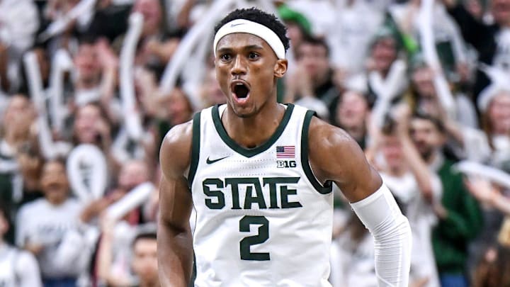 Michigan State's Tyson Walker celebrates after score against Northwestern during the second half on