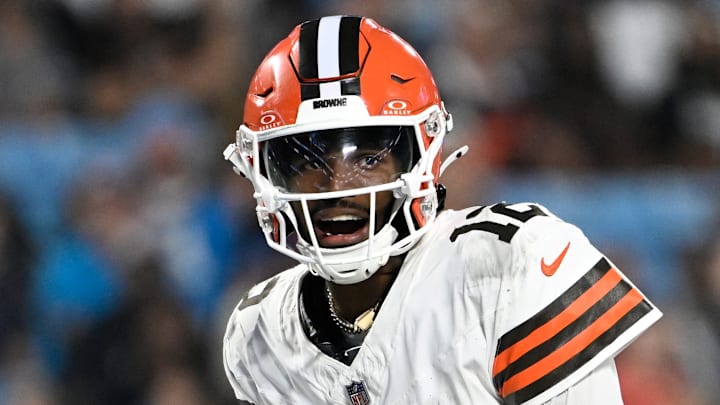 Aug 8, 2025; Charlotte, North Carolina, USA; Cleveland Browns quarterback Shedeur Sanders (12) on the field in the third quarter at Bank of America Stadium. 