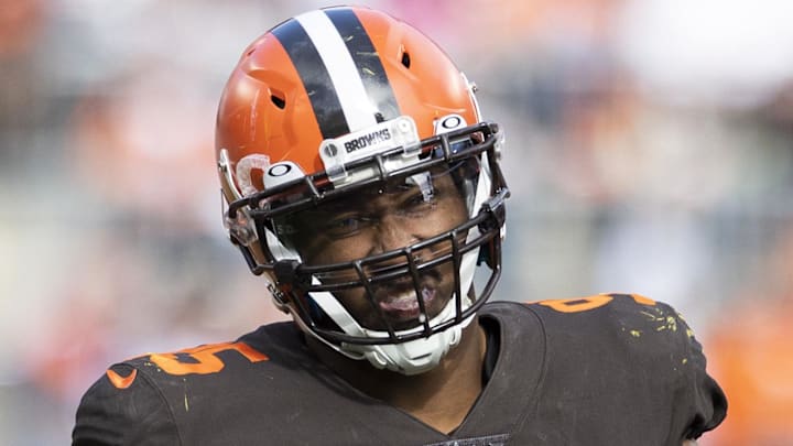 Oct 9, 2022; Cleveland, Ohio, USA; Cleveland Browns defensive end Myles Garrett (95) reacts during the fourth quarter against the Los Angeles Chargers at FirstEnergy Stadium. Mandatory Credit: Scott Galvin-Imagn Images