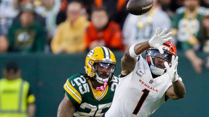 Cincinnati Bengals wide receiver Ja'Marr Chase (1) makes a catch against the Green Bay Packers on Sunday, October 12, 2025, at Lambeau Field in Green Bay, Wis. The Packers won the game, 27-18.
Tork Mason/USA TODAY NETWORK-Wisconsin