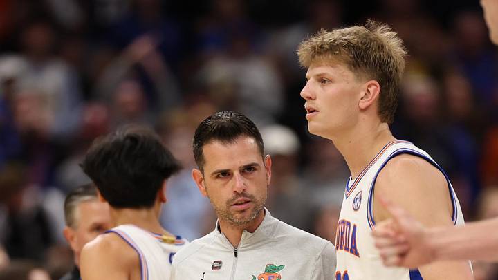 Mar 22, 2026; Tampa, FL, USA; Florida Gators head coach Todd Golden and Florida Gators forward Thomas Haugh (10) are seen after a fight against the Iowa Hawkeyes in the first half during a second round game of the men's 2026 NCAA Tournament at Benchmark International Arena. Mandatory Credit: Matt Pendleton-Imagn Images