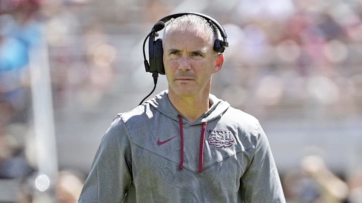 Sep 14, 2024; Tallahassee, Florida, USA; Florida State Seminoles head coach Mike Norvell looks on during the first half against the Memphis Tigers at Doak S. Campbell Stadium. Mandatory Credit: Melina Myers-Imagn Images