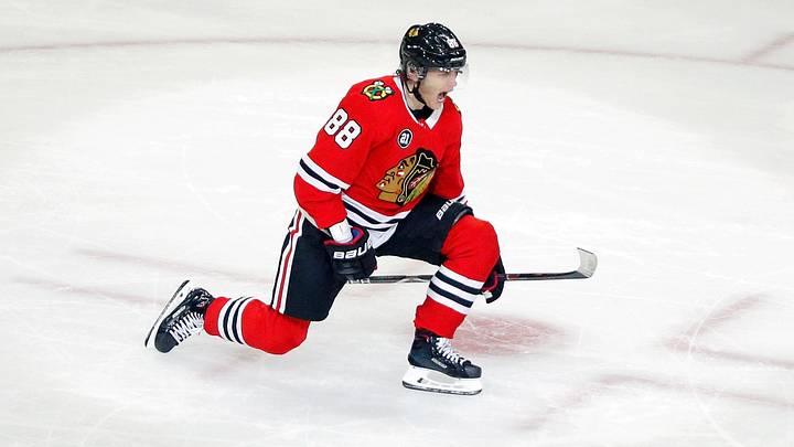 Feb 10, 2019; Chicago, IL, USA; Chicago Blackhawks right wing Patrick Kane (88) celebrates his goal against the Detroit Red Wings during the third period at United Center. The Chicago Blackhawks won 5-2. Mandatory Credit: Jon Durr-USA TODAY Sports