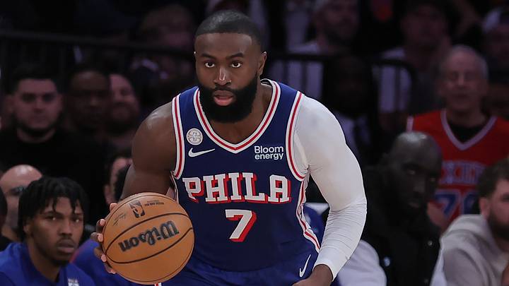 Oct 20, 2026; New York, New York, USA; Philadelphia 76ers guard Jaylen Brown (7) controls the ball against the New York Knicks during the fourth quarter at Madison Square Garden. Mandatory Credit: Brad Penner-Imagn Images Oct 20, 2026; New York, New York, USA; Philadelphia 76ers guard Jaylen Brown (7) controls the ball against the New York Knicks during the fourth quarter at Madison Square Garden. Mandatory Credit: Brad Penner-Imagn Images