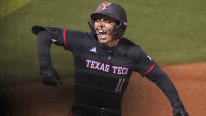 Texas Tech's Lauren Allred reacts to her run-scoring hit against Oklahoma State during a Big 12 Conference softball game, Friday, March 8, 2025, at Rocky Johnson Field.