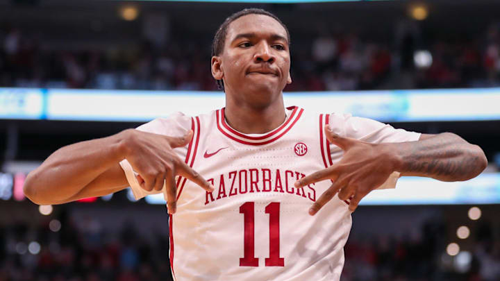 Arkansas' Karter Knox reacts after hitting a 3-pointer against Texas Tech during a non-conference men's basketball game, Saturday, Dec. 13, 2025, in American Airlines Center in Dallas.