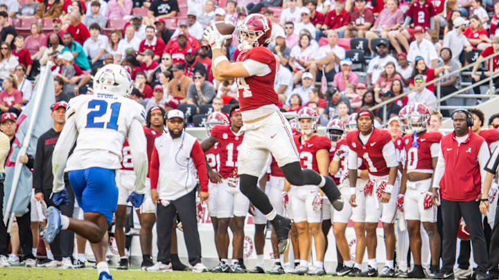 Alabama Tight End Marshall Pritchett catches a pass in the second half of the game against Eastern Illinois on November 22, 2025. Alabama Tight End Marshall Pritchett catches a pass in the second half of the game against Eastern Illinois on November 22, 2025.