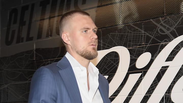 Apr 21, 2024; Boston, Massachusetts, USA; Boston Celtics center Kristaps Porzingis (8) walks to the