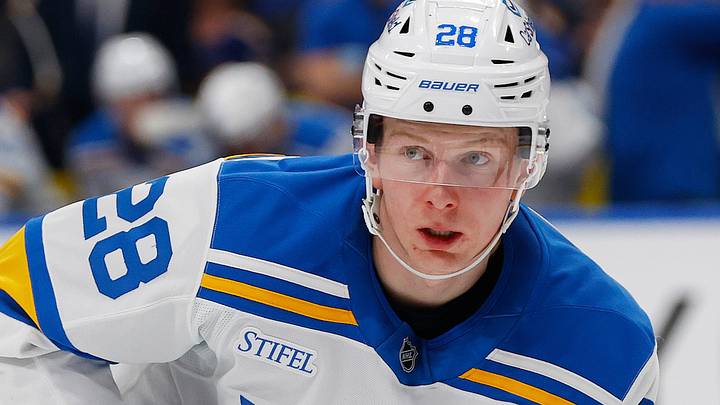 Jan 18, 2026; Edmonton, Alberta, CAN; St. Louis Blues forward Otto Stenberg (28) gets ready for a face-off against the Edmonton Oilers at Rogers Place. Mandatory Credit: Perry Nelson-Imagn Images