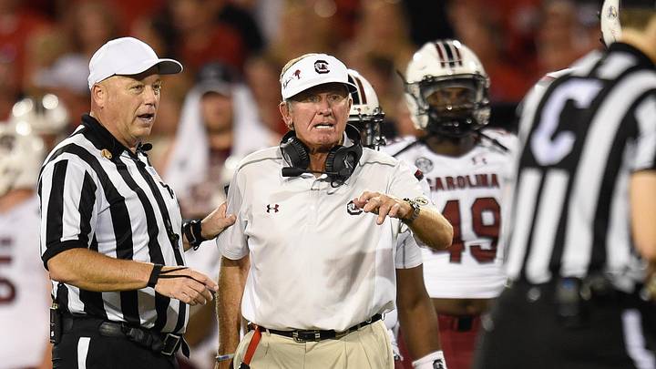 Sep 19, 2015; Athens, GA, USA; South Carolina Gamecocks head coach Steve Spurrier reacts during a fight on the field against the Georgia Bulldogs during the second half at Sanford Stadium. Georgia defeated South Carolina 52-20. Mandatory Credit: Dale Zanine-Imagn Images