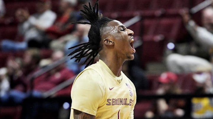 Jan 15, 2025; Tallahassee, Florida, USA; Florida State Seminoles forward Jamir Watkins (1) celebrates a three point make during the first half against the Pittsburgh Panthers at Donald L. Tucker Center. Mandatory Credit: Melina Myers-Imagn Images