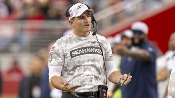 November 17, 2024; Santa Clara, California, USA; Seattle Seahawks head coach Mike Macdonald talks to his staff during the fourth quarter against the San Francisco 49ers at Levi's Stadium.