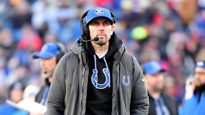 Dec 1, 2024; Foxborough, Massachusetts, USA;  Indianapolis Colts head coach Shane Steichen during the second half against the New England Patriots at Gillette Stadium. 