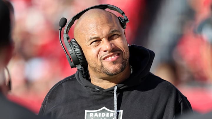 Dec 8, 2024; Tampa, Florida, USA; Las Vegas Raiders head coach Antonio Pierce looks on during the second half against the Tampa Bay Buccaneers at Raymond James Stadium. Mandatory Credit: Kim Klement Neitzel-Imagn Images Dec 8, 2024; Tampa, Florida, USA; Las Vegas Raiders head coach Antonio Pierce looks on during the second half against the Tampa Bay Buccaneers at Raymond James Stadium. Mandatory Credit: Kim Klement Neitzel-Imagn Images