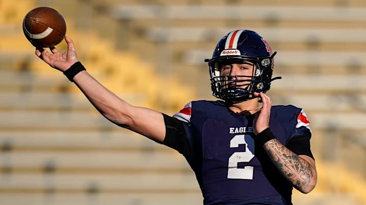 Nashville Christian's Jared Curtis (2) throws against Columbia Academy during the first quarter of the Division II-A championship game at Finley Stadium in Chattanooga, Tenn., Thursday, Dec. 5, 2024.