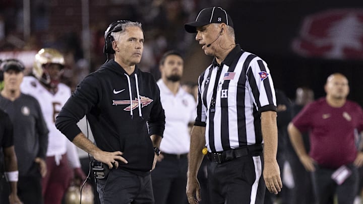 Oct 18, 2025; Stanford, California, USA; Florida State Seminoles head coach Mike Norvell reacts to the conversation with the referee during the fourth quarter against the Stanford Cardinal at Stanford Stadium. Mandatory Credit: Stan Szeto-Imagn Images Oct 18, 2025; Stanford, California, USA; Florida State Seminoles head coach Mike Norvell reacts to the conversation with the referee during the fourth quarter against the Stanford Cardinal at Stanford Stadium. Mandatory Credit: Stan Szeto-Imagn Images