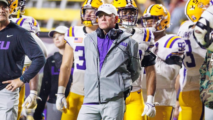 Nov 9, 2024; Baton Rouge, Louisiana, USA; LSU Tigers head coach Brian Kelly looks on against the Alabama Crimson Tide during the second half at Tiger Stadium. Mandatory Credit: Stephen Lew-Imagn Images Nov 9, 2024; Baton Rouge, Louisiana, USA; LSU Tigers head coach Brian Kelly looks on against the Alabama Crimson Tide during the second half at Tiger Stadium. Mandatory Credit: Stephen Lew-Imagn Images