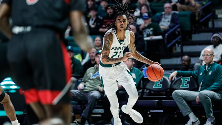 Eastern Michigan forward Emoni Bates dribbles against Northern Illinois during the first half at the George Gervin GameAbove Center in Ypsilanti on Saturday, Jan. 21, 2023.