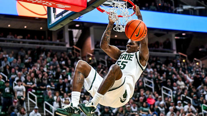 Michigan State's Coen Carr dunks against Colgate during the second half on Monday, Nov. 3, 2025, at the Breslin Center in East Lansing. Michigan State's Coen Carr dunks against Colgate during the second half on Monday, Nov. 3, 2025, at the Breslin Center in East Lansing.