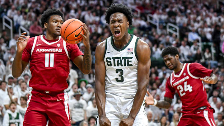 Michigan State's Cam Ward, center, celebrates after a score against Arkansas during the first half on Saturday, Nov. 8, 2025, at the Breslin Center in East Lansing. Michigan State's Cam Ward, center, celebrates after a score against Arkansas during the first half on Saturday, Nov. 8, 2025, at the Breslin Center in East Lansing.