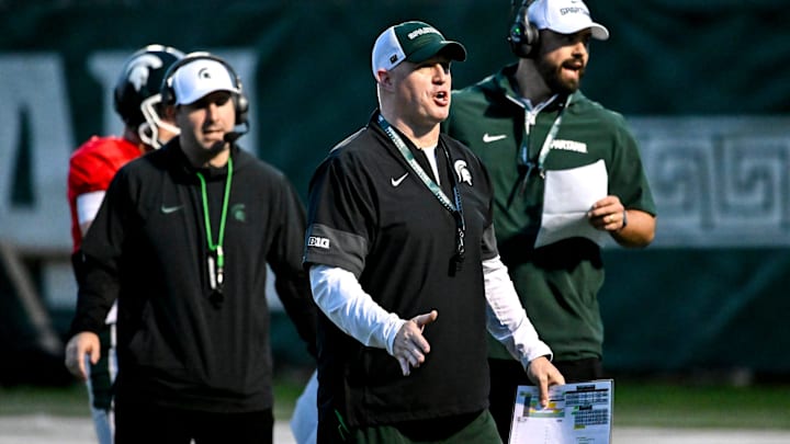 Michigan State head coach Pat Fitzgerald instructs players during spring football practice on Tuesday, April 14, 2026, in East Lansing.