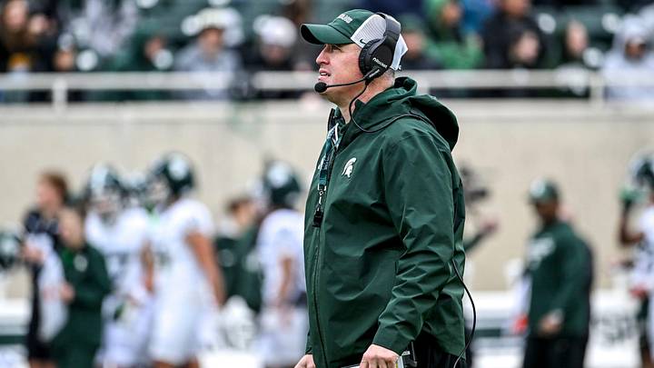 Michigan State's head coach Pat Fitzgerald looks on during the football Spring Showcase on Saturday, April 18, 2026, at Spartan Stadium in East Lansing. Michigan State's head coach Pat Fitzgerald looks on during the football Spring Showcase on Saturday, April 18, 2026, at Spartan Stadium in East Lansing.