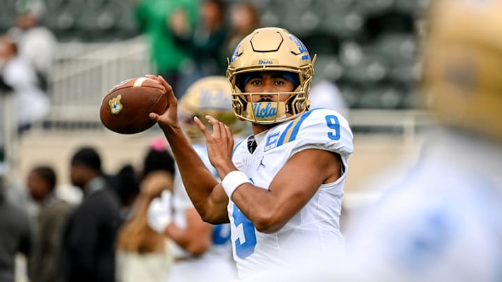 UCLA's Nico Iamaleava warms up before the football game against Michigan State on Saturday, Oct. 11, 2025, at Spartan Stadium in East Lansing.