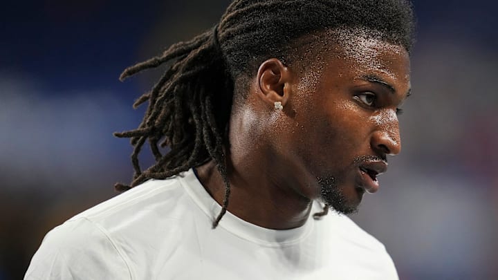 Indianapolis Colts linebacker Isaiah Land warms up, before facing the Tampa Bay Buccaneers.