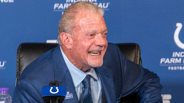 Colts owner Jim Irsay smiles on Monday, Nov. 7, 2022, during a press conference at the Colts headquarters in Indianapolis.