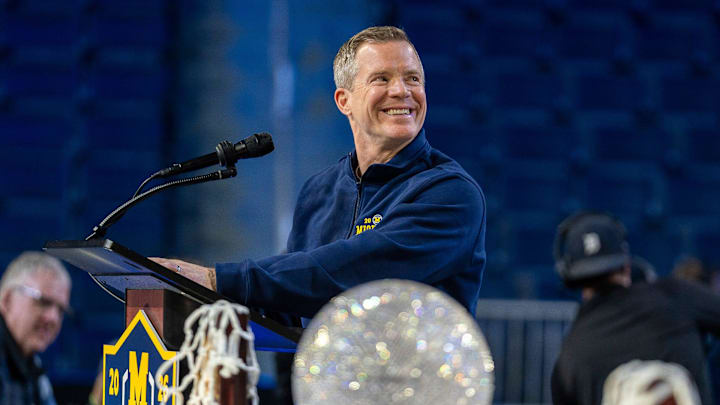 Dusty May was all smiles as Michigan celebrated its national championship on Saturday in Ann Arbor.