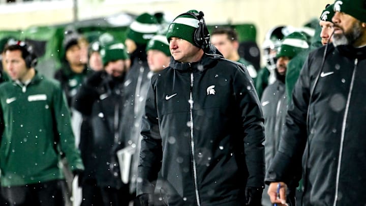 Michigan State's head coach Jonathan Smith looks on from the sideline during the third quarter in the game against Rutgers on Saturday, Nov. 30, 2024, at Spartan Stadium in East Lansing. Michigan State's head coach Jonathan Smith looks on from the sideline during the third quarter in the game against Rutgers on Saturday, Nov. 30, 2024, at Spartan Stadium in East Lansing.