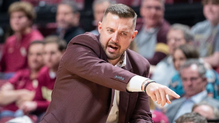 Florida State Seminoles head coach Luke Loucks calls a play from the bench. The Virginia Cavaliers defeated the Florida State Seminoles 61-58 at the Tucker Civic Center on Tuesday, Feb. 10, 2026.