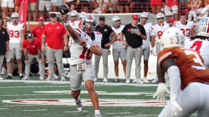 Sep 12, 2026; Austin, Texas, USA; Ohio State Buckeyes quarterback Julian Sayin (10) makes a pass against the Texas Longhorns in the first half at Darrell K Royal-Texas Memorial Stadium. Mandatory Credit: Scott Wachter-Imagn Images Sep 12, 2026; Austin, Texas, USA; Ohio State Buckeyes quarterback Julian Sayin (10) makes a pass against the Texas Longhorns in the first half at Darrell K Royal-Texas Memorial Stadium. Mandatory Credit: Scott Wachter-Imagn Images