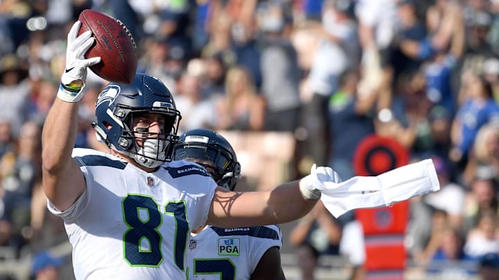 Nov 11, 2018; Los Angeles, CA, USA; Seattle Seahawks tight end Nick Vannett (81) celebrates after scoring a touchdown in the first half of the game against the Los Angeles Rams at the Memorial Coliseum.