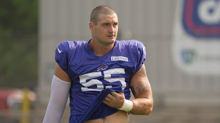 Buffalo Bills defensive end Michael Hoecht gets ready to move to another area to start a new drill at Bills Training Camp at St. John Fisher University in Pittsford on Aug.6, 2025.