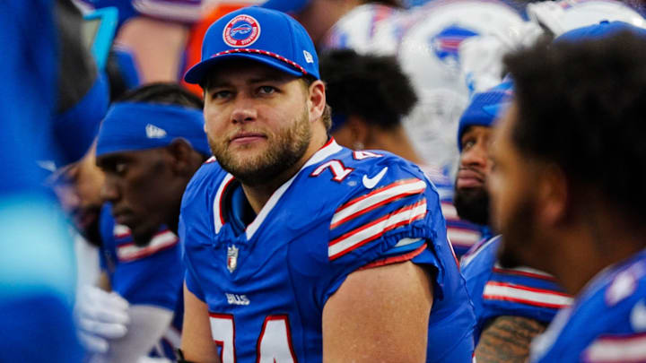 Buffalo Bills offensive tackle Ryan Van Demark (74) looks up at the Jumbotron to watch the play during second half action at the Bills home game against the New York Jets at Highmark Stadium in Orchard Park on Dec. 29, 2024.