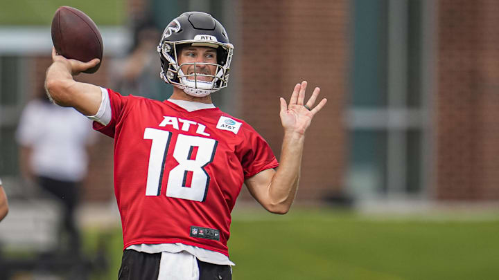 Jul 24, 2025; Flowery Branch, GA, USA; Atlanta Falcons quarterback Kirk Cousins (18)  passes during training camp at IBM Performance Field. Mandatory Credit: Dale Zanine-Imagn Images
