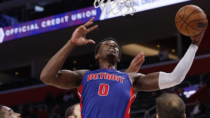 Dec 6, 2023; Detroit, Michigan, USA;  Detroit Pistons center Jalen Duren (0) grabs the rebound in