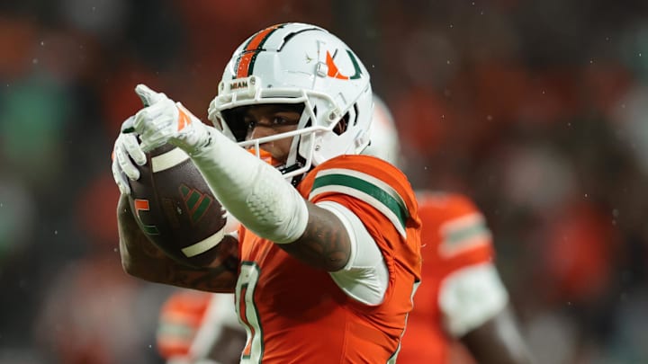 Aug 31, 2025; Miami Gardens, Florida, USA; Miami Hurricanes wide receiver Keelan Marion (0) reacts after a catch against the Notre Dame Fighting Irish during the second quarter at Hard Rock Stadium. Mandatory Credit: Sam Navarro-Imagn Images