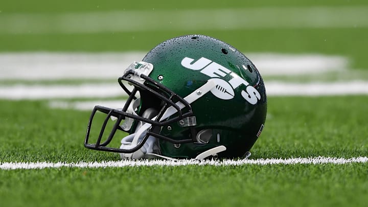 Dec 29, 2019; Orchard Park, New York, USA; General view of a New York Jets helmet prior to the game against the Buffalo Bills at New Era Field. Mandatory Credit: Rich Barnes-Imagn Images