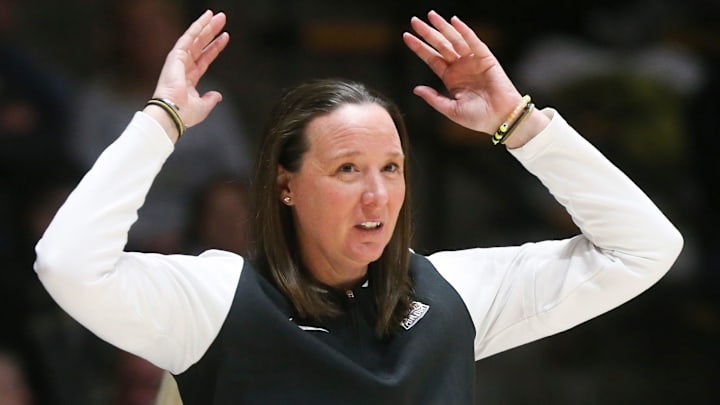 Purdue Boilermakers head coach Katie Gearlds reacts to a Purdue Boilermakers foul Purdue Boilermakers head coach Katie Gearlds reacts to a Purdue Boilermakers foul