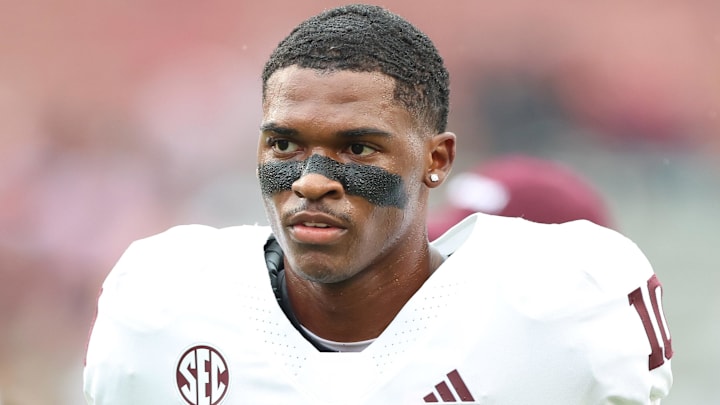 Oct 18, 2025; Fayetteville, Arkansas, USA; Texas A&M Aggies quarterback Marcel Reed (10) prior to the game against the Arkansas Razorbacks at Donald W. Reynolds Razorback Stadium. Mandatory Credit: Nelson Chenault-Imagn Images