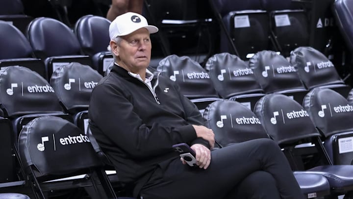 Apr 2, 2024; Salt Lake City, Utah, USA; Utah Jazz CEO Danny Ainge looks on before the game against the Cleveland Cavaliers at Delta Center. Mandatory Credit: Rob Gray-Imagn Images