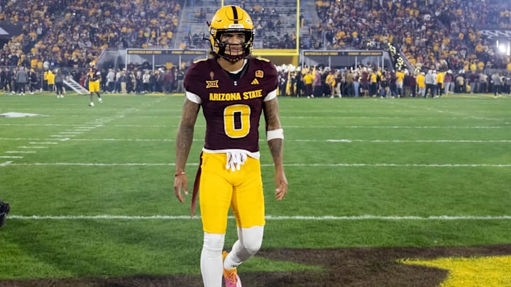 Nov 28, 2025; Tempe, Arizona, USA; Arizona State Sun Devils wide receiver Jordyn Tyson (0) against the Arizona Wildcats during the 99th Territorial Cup at Mountain America Stadium. Mandatory Credit: Mark J. Rebilas-Imagn Images
