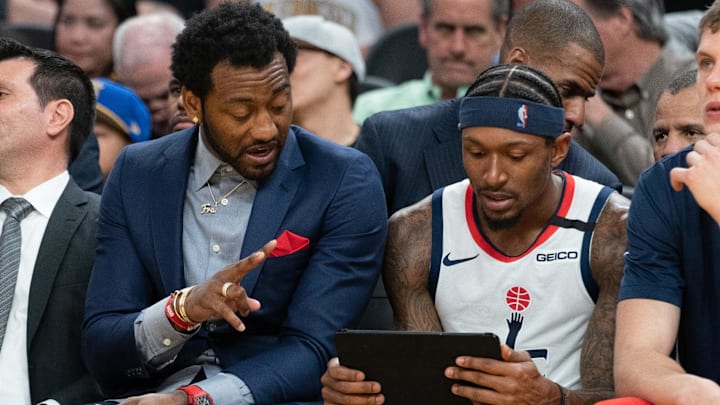 March 1, 2020; San Francisco, California, USA; Washington Wizards guard John Wall (2, left) and guard Bradley Beal (3, right) during the third quarter against the Golden State Warriors at Chase Center. Mandatory Credit: Kyle Terada-Imagn Images