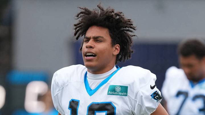 Aug 4, 2026; Charlotte, NC, USA; Carolina Panthers wide receiver Jalen Coker (18) warms up during training camp at Bank of America Stadium. Mandatory Credit: Jim Dedmon-Imagn Images