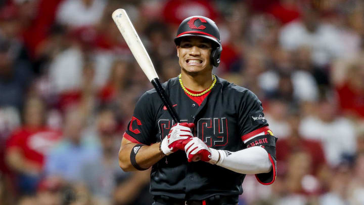 Sep 22, 2023; Cincinnati, Ohio, USA; Cincinnati Reds third baseman Noelvi Marte (16) reacts after striking out against the Pittsburgh Pirates in the third inning at Great American Ball Park. Mandatory Credit: Katie Stratman-USA TODAY Sports Sep 22, 2023; Cincinnati, Ohio, USA; Cincinnati Reds third baseman Noelvi Marte (16) reacts after striking out against the Pittsburgh Pirates in the third inning at Great American Ball Park. Mandatory Credit: Katie Stratman-USA TODAY Sports