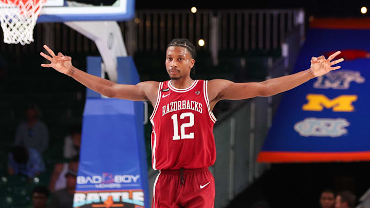 Nov 24, 2023; Paradise Island, BAHAMAS; Arkansas Razorbacks guard Tramon Mark (12) reacts after scoring during the second half against the North Carolina Tar Heels at Imperial Arena. Mandatory Credit: Kevin Jairaj-Imagn Images Nov 24, 2023; Paradise Island, BAHAMAS; Arkansas Razorbacks guard Tramon Mark (12) reacts after scoring during the second half against the North Carolina Tar Heels at Imperial Arena. Mandatory Credit: Kevin Jairaj-Imagn Images