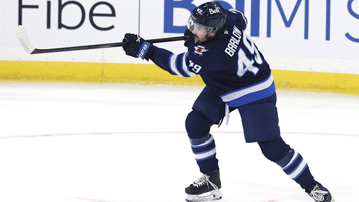 Sep 21, 2024; Winnipeg, Manitoba, CAN; Winnipeg Jets Colby Barlow (49) warms up before a preseason game Minnesota Wild at Canada Life Centre. Mandatory Credit: James Carey Lauder-Imagn Images