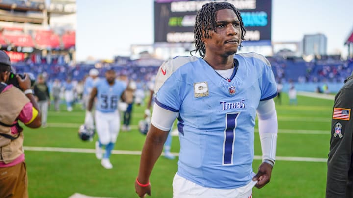 Tennessee Titans quarterback Cam Ward (1) exits the field after losing to the Houston Texans 16-13 at Nissan Stadium in Nashville, Tenn., Sunday, Nov. 16, 2025.
